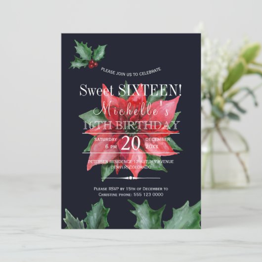 Poinsettia donkerblauw rood groen zoet zestien kaart (Staand voorkant)