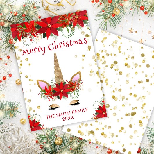 Poinsettia Eenhoorn met Rode Kerst Kaart