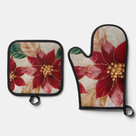 Poinsettia Elegance Holiday Ovenwant & Pannenlap Set (Voorkant)