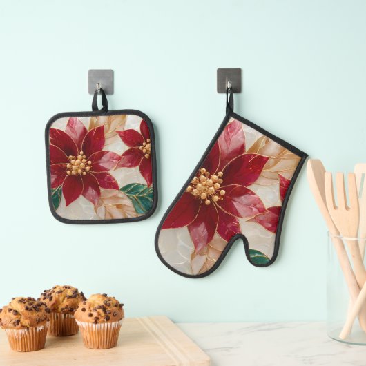 Poinsettia Elegance Holiday Ovenwant & Pannenlap Set (Insitu(Ophanging))