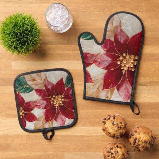 Poinsettia Elegance Holiday Ovenwant & Pannenlap Set (Top down)