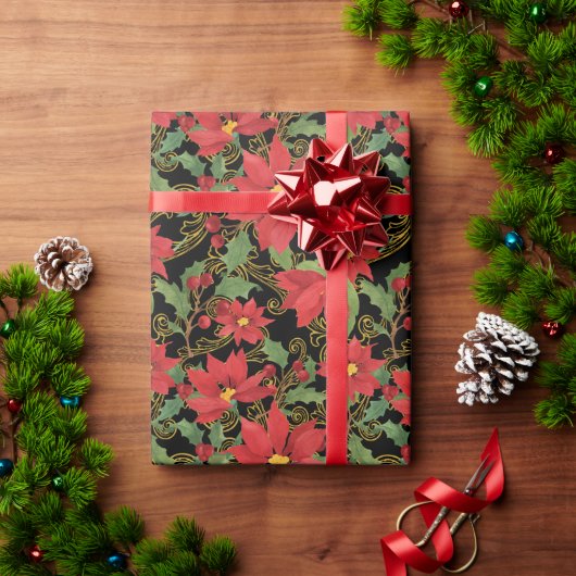 Poinsettia elegance on black wrapping paper cadeaupapier (Feestdagen Geschenken)