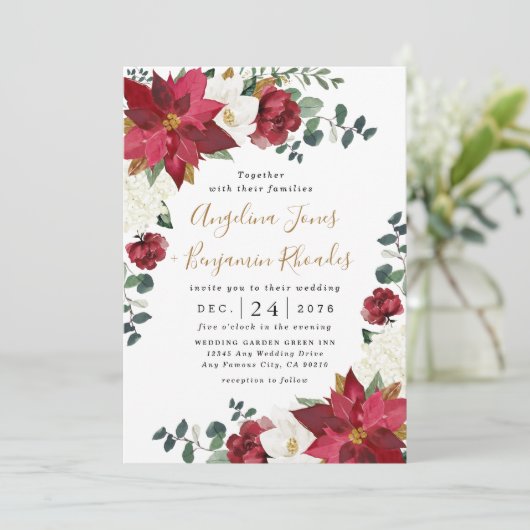 Poinsettia Elegant Red Gold White Floral Wedding Kaart (Staand voorkant)
