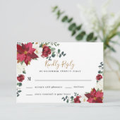 Poinsettia Elegant Red Gold White Floral Wedding RSVP Kaartje (Staand voorkant)