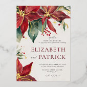 Poinsettia Elegante Kerstmis Winter Goud Bruiloft Folie Uitnodiging (Voorkant)