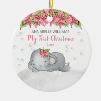 Poinsettia Elephant Baby's eerste Kerstmis Keramisch Ornament