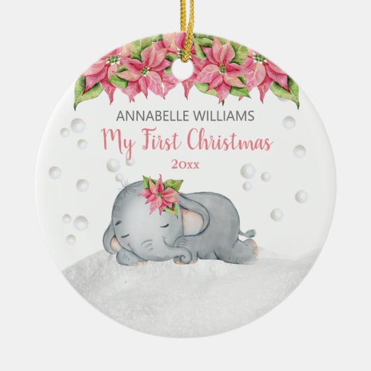 Poinsettia Elephant Baby's eerste Kerstmis Keramisch Ornament (Voorkant)