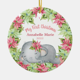 Poinsettia Elephant Baby's eerste Kerstmis Keramisch Ornament