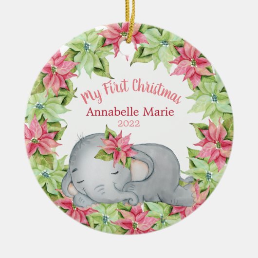 Poinsettia Elephant Baby's eerste Kerstmis Keramisch Ornament (Voorkant)