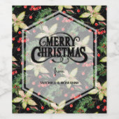 Poinsettia en bessen op zwart wijn etiket (Enkel label)