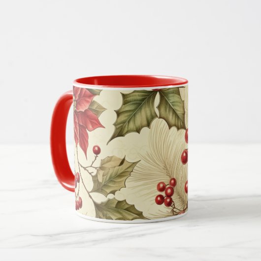 Poinsettia en bessen Patroon Kerstmis Mok (Voorkant links)