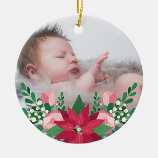 Poinsettia en Chalkboard | Eerste Kerstmis baby Keramisch Ornament (Voorkant)