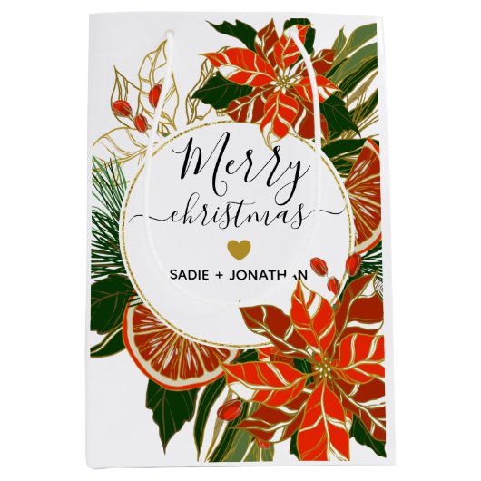 Poinsettia en Citrus Gold-kerst Medium Cadeauzakje (Voorkant)