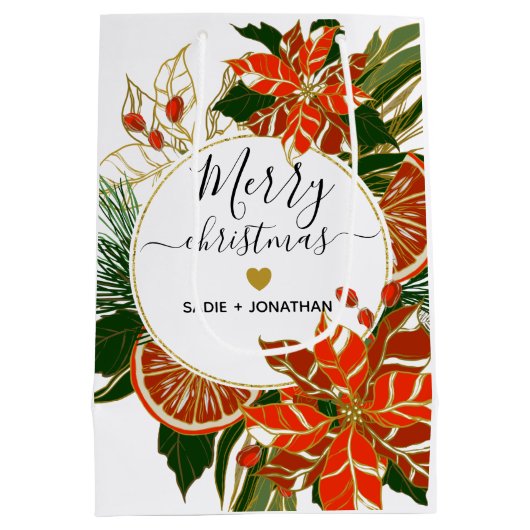 Poinsettia en Citrus Gold-kerst Medium Cadeauzakje (Achterkant)