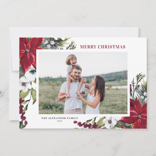 Poinsettia en dennenbladeren vrolijk kerstfoto feestdagenkaart (Voorkant)