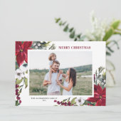 Poinsettia en dennenbladeren vrolijk kerstfoto feestdagenkaart (Staand voorkant)