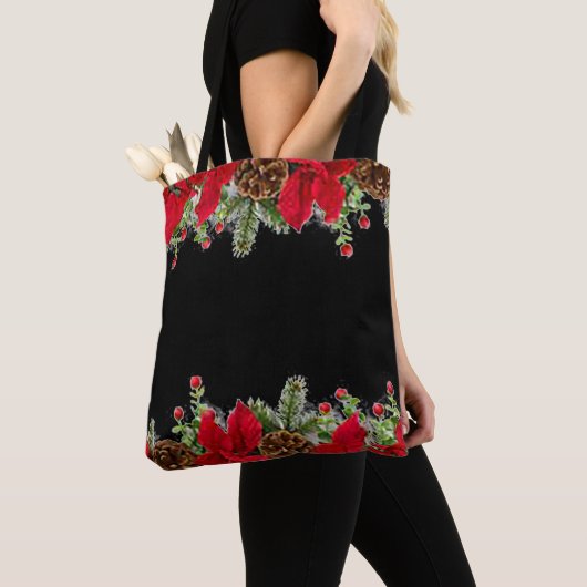 Poinsettia en dennenboom kerst boodschappentas tote bag (Dichtbij)
