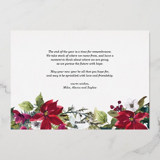 Poinsettia en Fir Leaves Merry-kerstfoto Folie Feestdagenkaart (Achterkant)