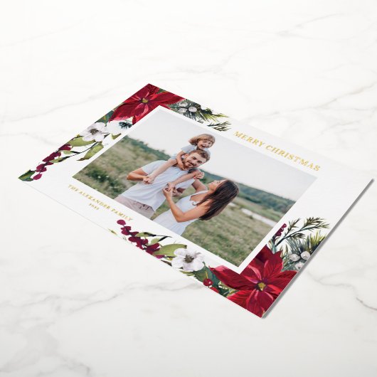 Poinsettia en Fir Leaves Merry-kerstfoto Folie Feestdagenkaart (Gedraaid)