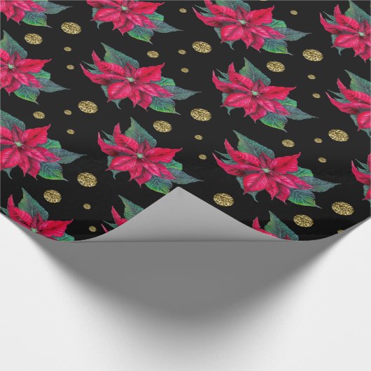 Poinsettia en Gold Circles Pattern Wrapping Paper Cadeaupapier (Hoek)