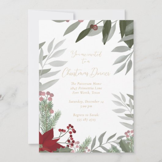 Poinsettia en groen Kerstuitnodiging Kaart (Voorkant)
