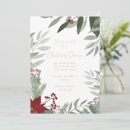 Poinsettia en groen Kerstuitnodiging Kaart (Staand voorkant)