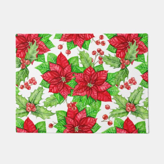 Poinsettia en holbessen waterverf kerst deurmat (Voorkant)