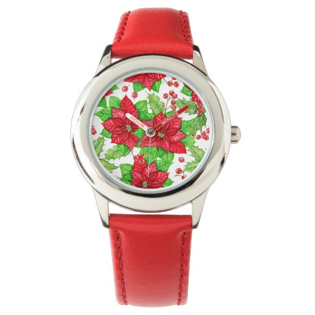 Poinsettia en holbessen waterverf kerst horloge (Voorkant)