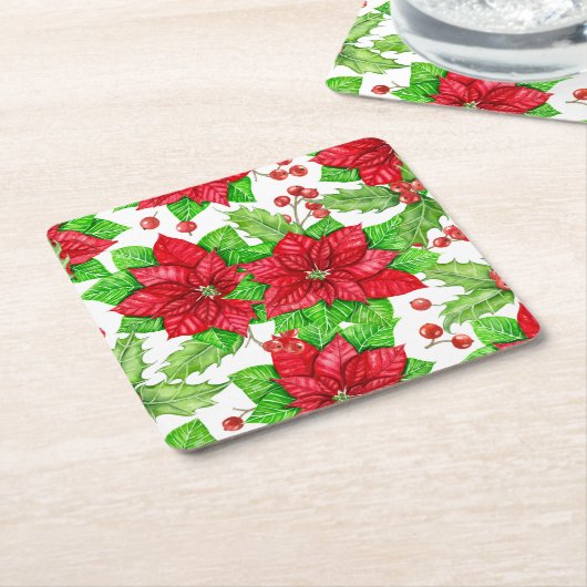 Poinsettia en holbessen waterverf kerst kartonnen onderzetters (Schuin)