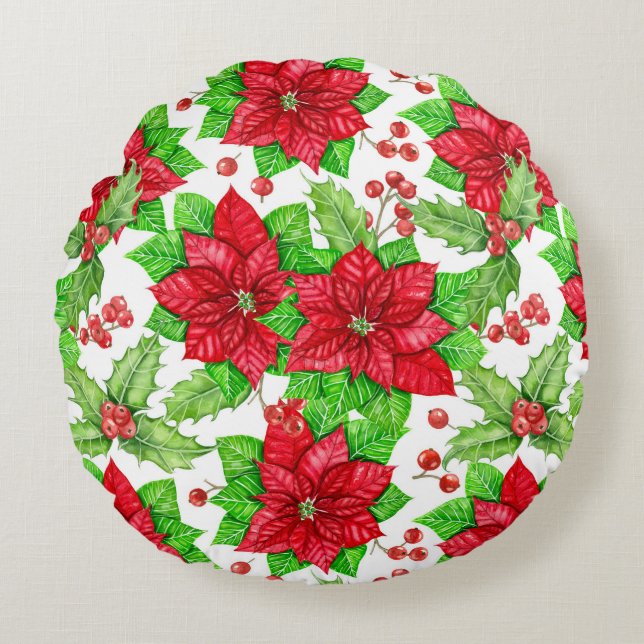 Poinsettia en holbessen waterverf kerst rond kussen (Voorkant)