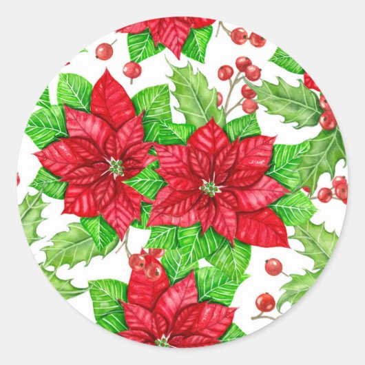 Poinsettia en holbessen waterverf kerst ronde sticker (Voorkant)
