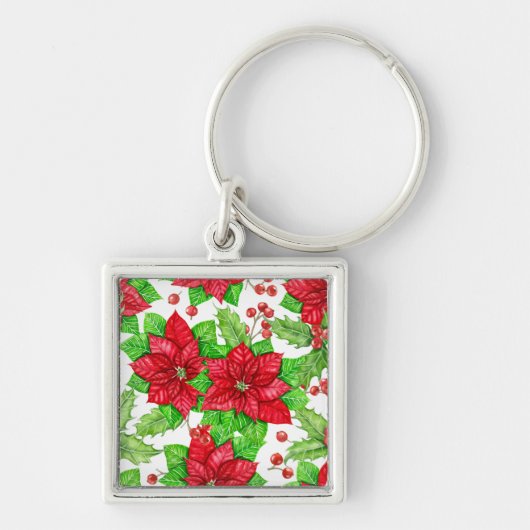 Poinsettia en holbessen waterverf kerst sleutelhanger (Voorkant)