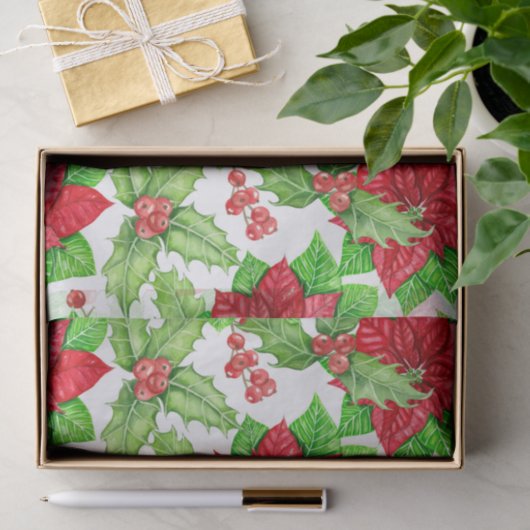 Poinsettia en holbessen waterverf kerst tissuepapier (Geschenk)