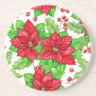 Poinsettia en holbessen waterverf kerst zandsteen onderzetter