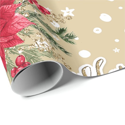 Poinsettia en Holly Berries Kerstmis Cadeaupapier (Rol Hoek)