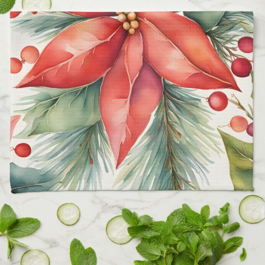 Poinsettia en Holly Berries Kerstmis Theedoek (Gevouwen)