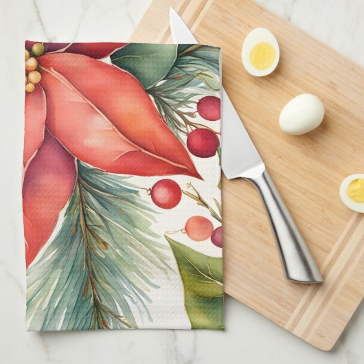 Poinsettia en Holly Berries Kerstmis Theedoek (Quarter Fold)