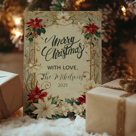  Poinsettia en Holly Christmas Feestdagenkaart