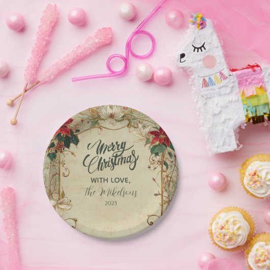 Poinsettia en Holly Christmas Papieren Bordje (Feest)