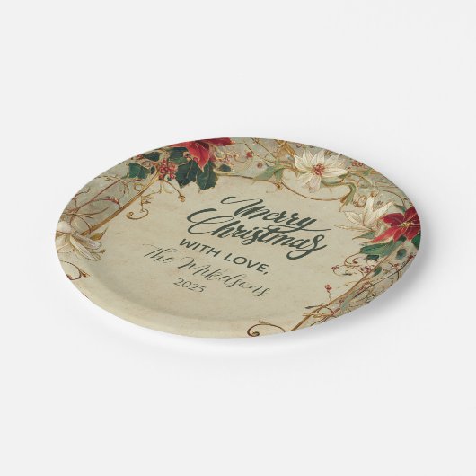 Poinsettia en Holly Christmas Papieren Bordje (Gekanteld)