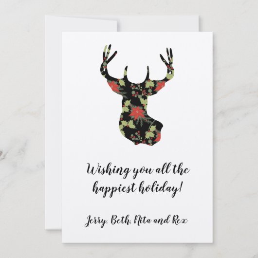 Poinsettia en Holly Deer Head Rustic Kaart (Achterkant)