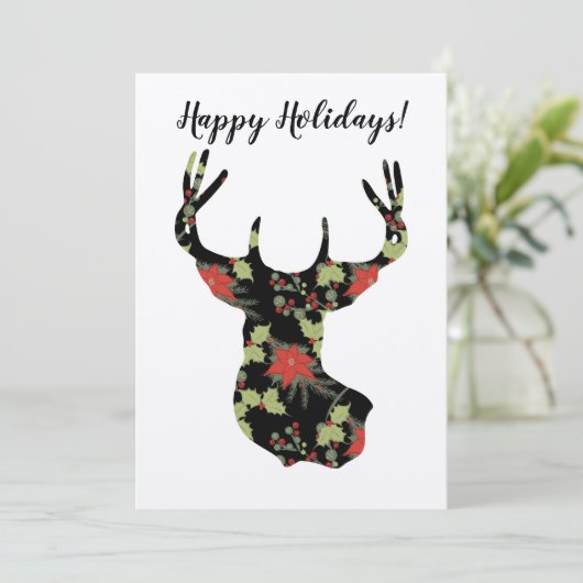 Poinsettia en Holly Deer Head Rustic Kaart (Staand voorkant)
