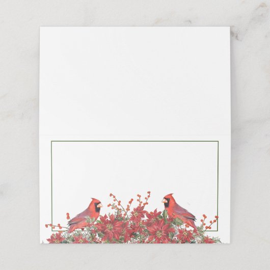 Poinsettia en holly met kardinalen kerst plaatskaartje (Buitenkant ongevouwen)