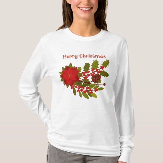 Poinsettia en Holly, pretkerst T-shirt (Voorkant)