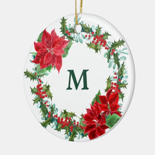Poinsettia en Holly Wreath Kerstmis Keramisch Ornament (Links)