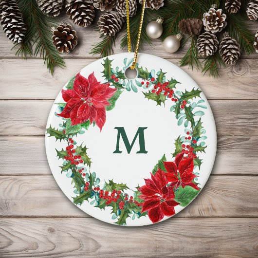 Poinsettia en Holly Wreath Kerstmis Keramisch Ornament