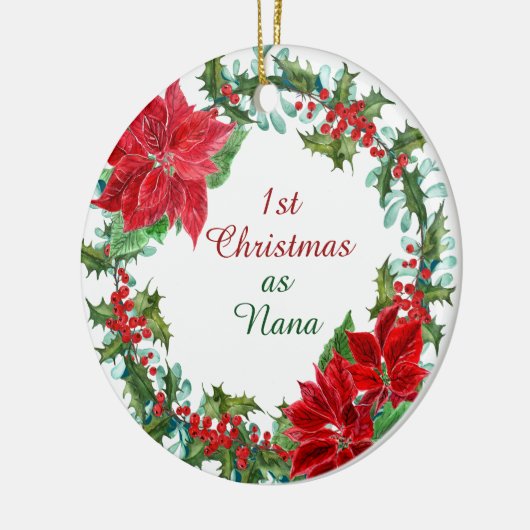 Poinsettia en Holly Wreath Nana First Kerstmis Keramisch Ornament (Links)