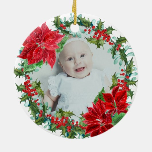 Poinsettia en Holly Wreath Nana First Kerstmis Keramisch Ornament (Achterkant)