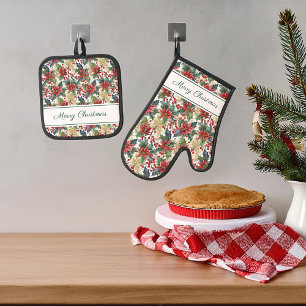 Poinsettia en hulst patroon Kerstmis gebruik Ovenwant & Pannenlap Set