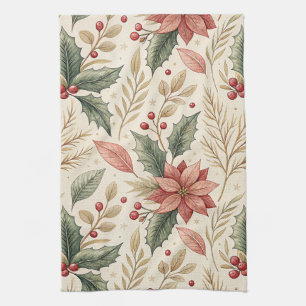 Poinsettia en Hulst Patroon – Klassiek Kerstmis Theedoek